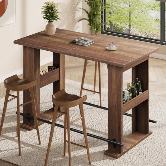 Bar Table – 63" Wooden Home Coffee Bar Unit – Farmhouse Counter Height – Pub Table with Storage & Metal Footrest – Kitchen, Dining, Bistro & Living – Walnut