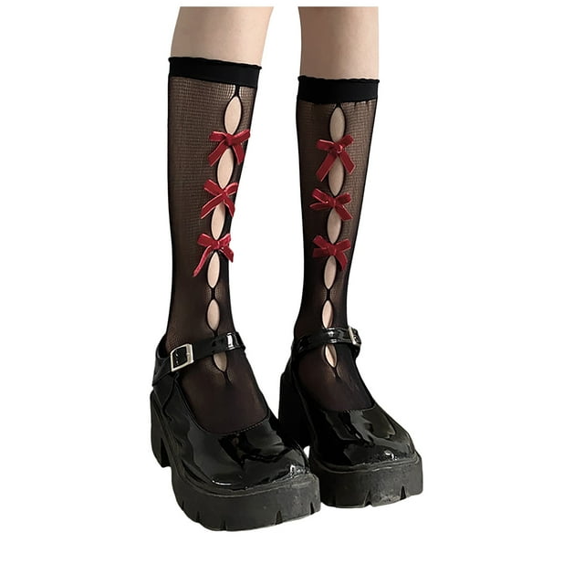 HBFAGFB Bas pour Femmes Mode Chaussettes Mi-Mollet Résille Fines avec Nœud Vin Taille Unique