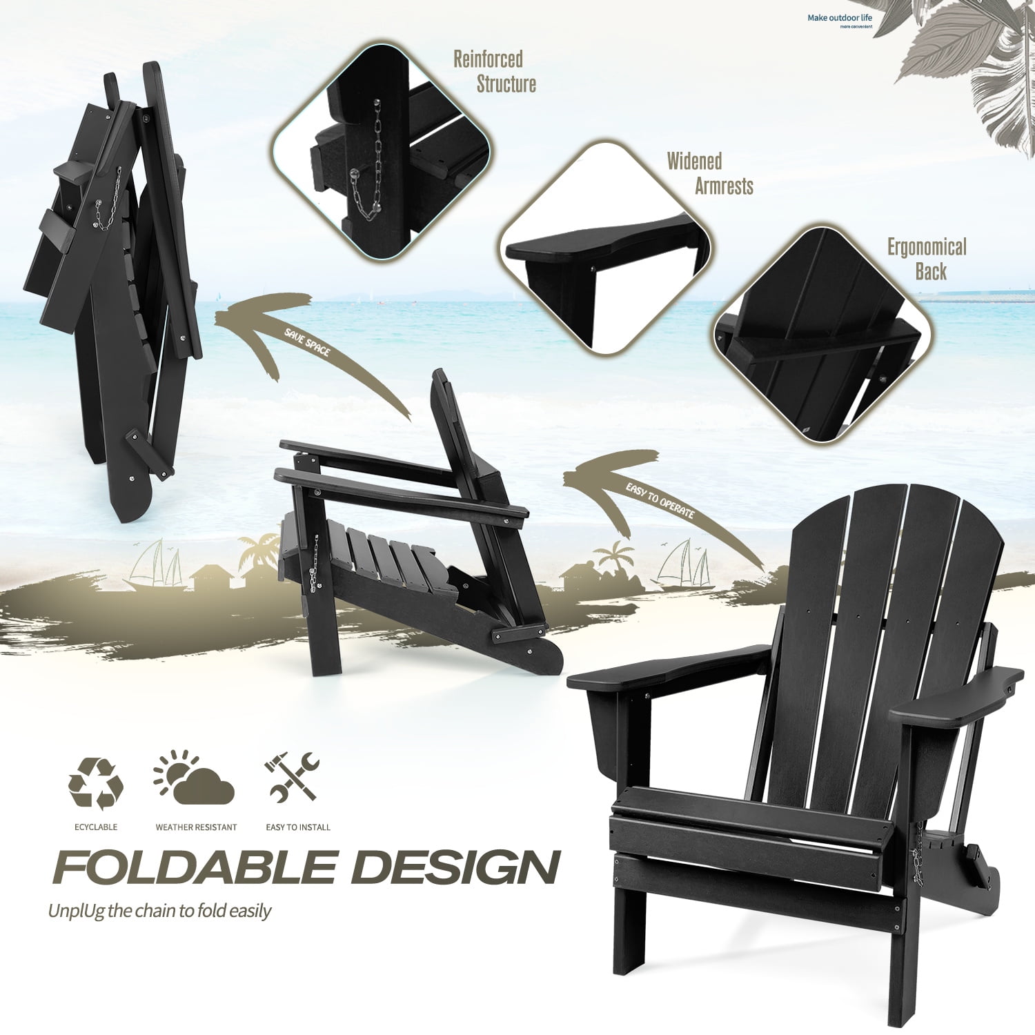 Lacoo Folding Adirondack Chair All Weather Resistant Resin Outdoor Patio Chair, Black