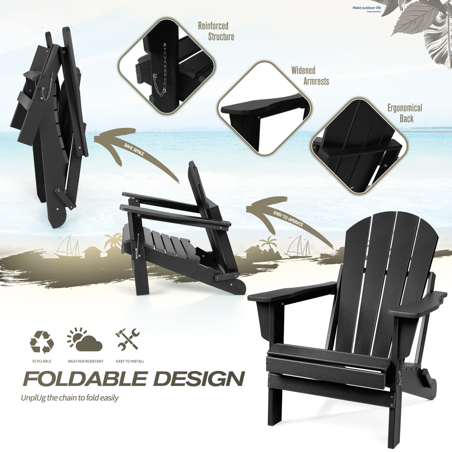 Lacoo Folding Adirondack Chair All Weather Resistant Resin Outdoor Patio Chair, Black - image 5 of 7