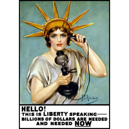 Vintage World War I poster of the Statue of Liberty talking on the telephone Canvas Art - John ParrotStocktrek Images (12 x 17)