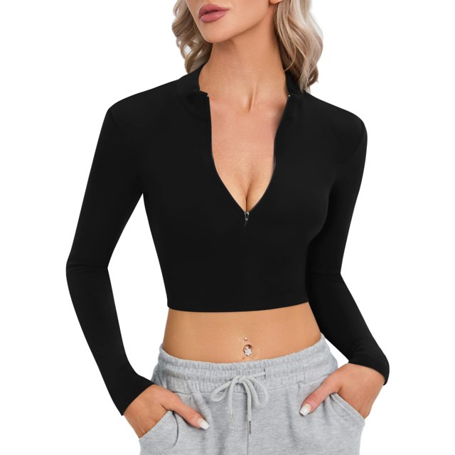 Top corto CLOZOZ de manga larga con cuello alto y cremallera para mujer