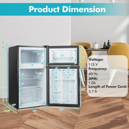 Costway - 3.2 Cu.Ft Mini Refrigerator with  Freezer Compact Fridge with  2 Reversible Door - Black / Silver