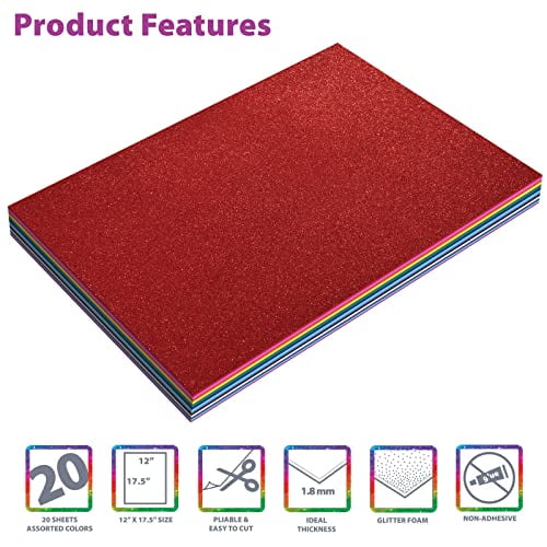 for Arts and Crafts by Better Office Products 20 Pack EVA Foam Sheets Extra Large Sheet Size 20 Colors Assorted Colors 12 x 17.5 Inch 2mm Thick 20 Sheets 