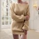 thumbnail image 5 of Vestido Tipo Jersey de Larga con Hombros Descubiertos y Farol para Mujer, de Otoño, Holgado, de Punto Acanalado, Liso Caqui L, 5 of 9