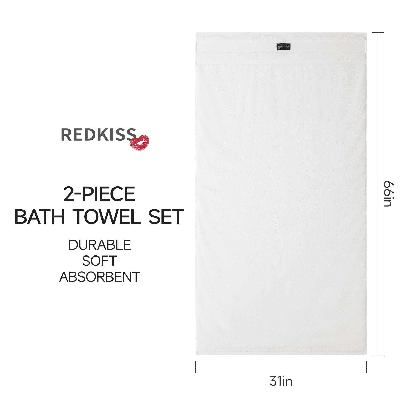 REDKISS 100% Cotton Bath Towels Set 2 Pack, 31x63 760GSM Luxury White Towels. Shower Towels for Bathroom, Hotel Quality Toallas Para Baño.