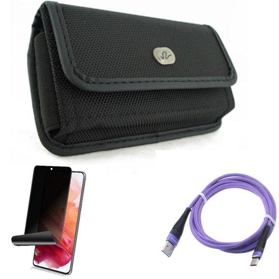 Privacy Screen Protector & 6ft USB Cable & Case Belt Clip for Samsung Galaxy S22 (6.1") - TPU Film Fingerprint Works & Purple Type-C & Rugged Holster Accessory Bundle