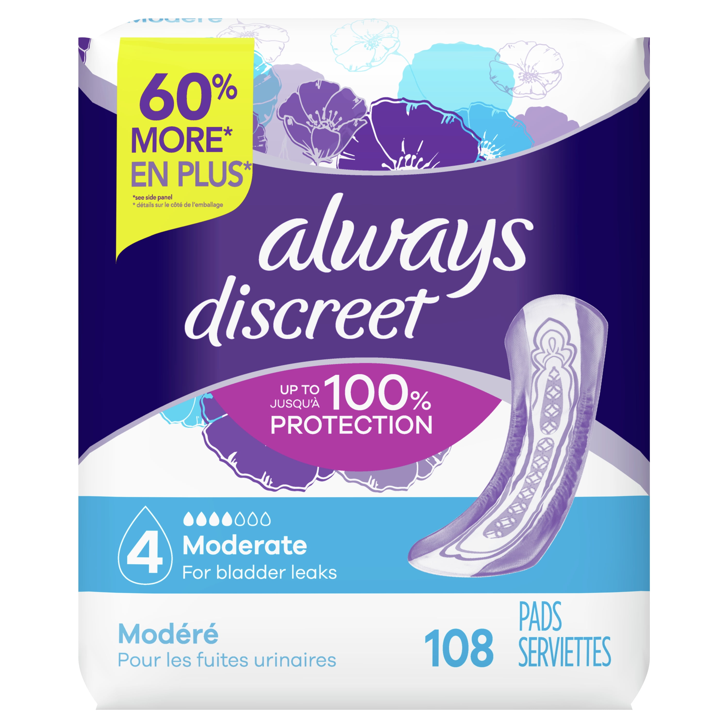Always Discreet Incontinence Pads for Women, Moderate Absorbency, 108
