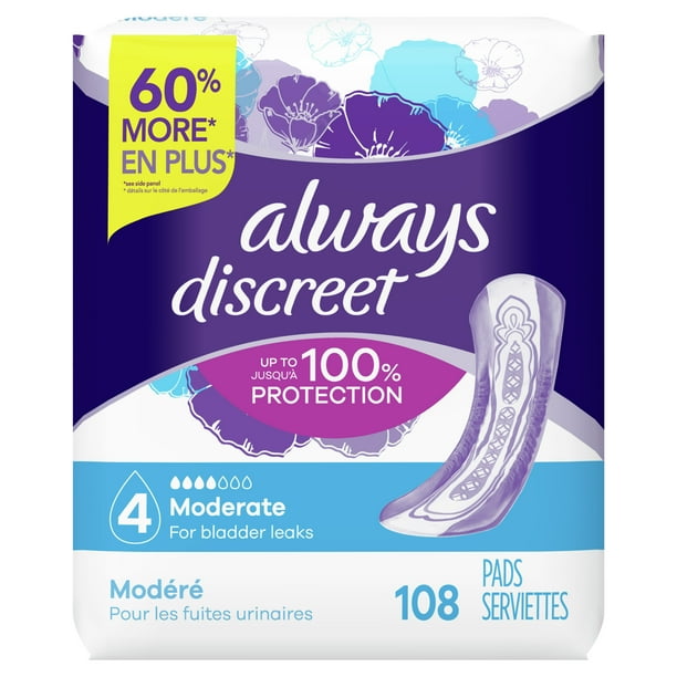 Always Discreet Incontinence Pads for Women, Moderate Absorbency, 108