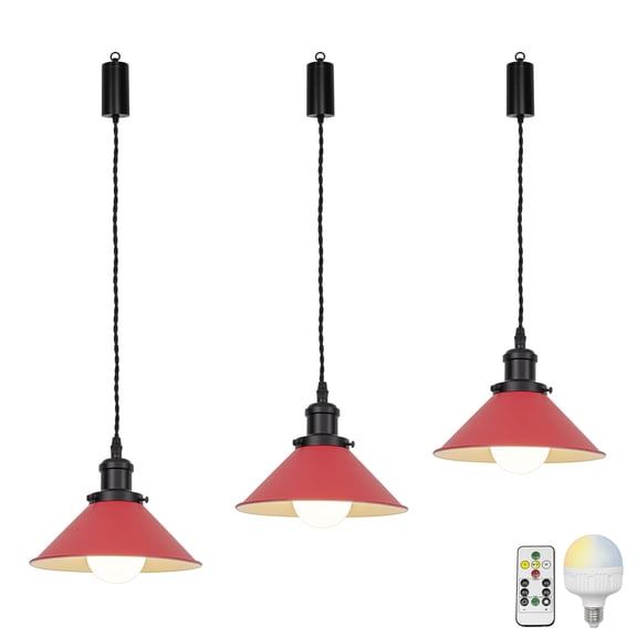 KAYYELAMP 3-Pack Remote LED Bulb Rechargeable Battery Adjusted Height Hanging Light Dimming Timing Black & Red Metal Lamp Vintage Design for Kitchen Farmhouse