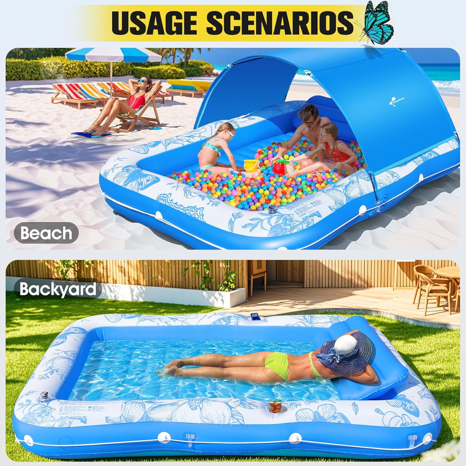 Inflatable Tanning Pool Lounger with Canopy,81"x 60" Large Tanning Floats for Adults,2025 Butterfly Pool Lounger Float,Blow Up Tanning Water Bed with Cup&Phone Holder,Adults Tanning Pools