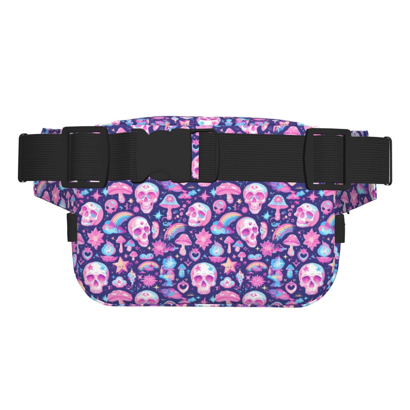 Picia mushroom rainbow color Skull Print Square Double-Layer Waist Bag Mini Adjustable Waist Belt Bag Exercise Running Travel Hiking