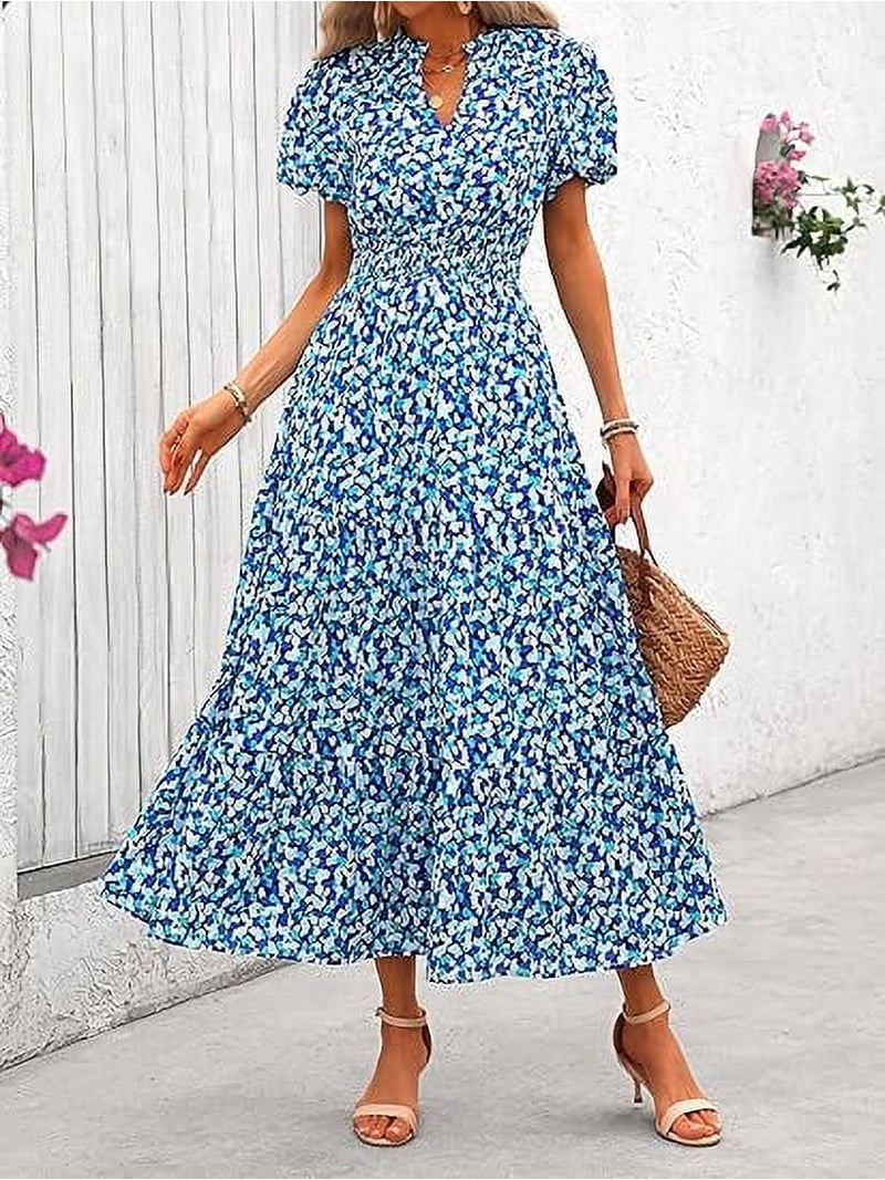 beach wear floral dresses PRETTYGARDEN Women's Maxi Dress Resort Boho V Neck Puff Sh Maxi Length Plus Size Women Boho Long