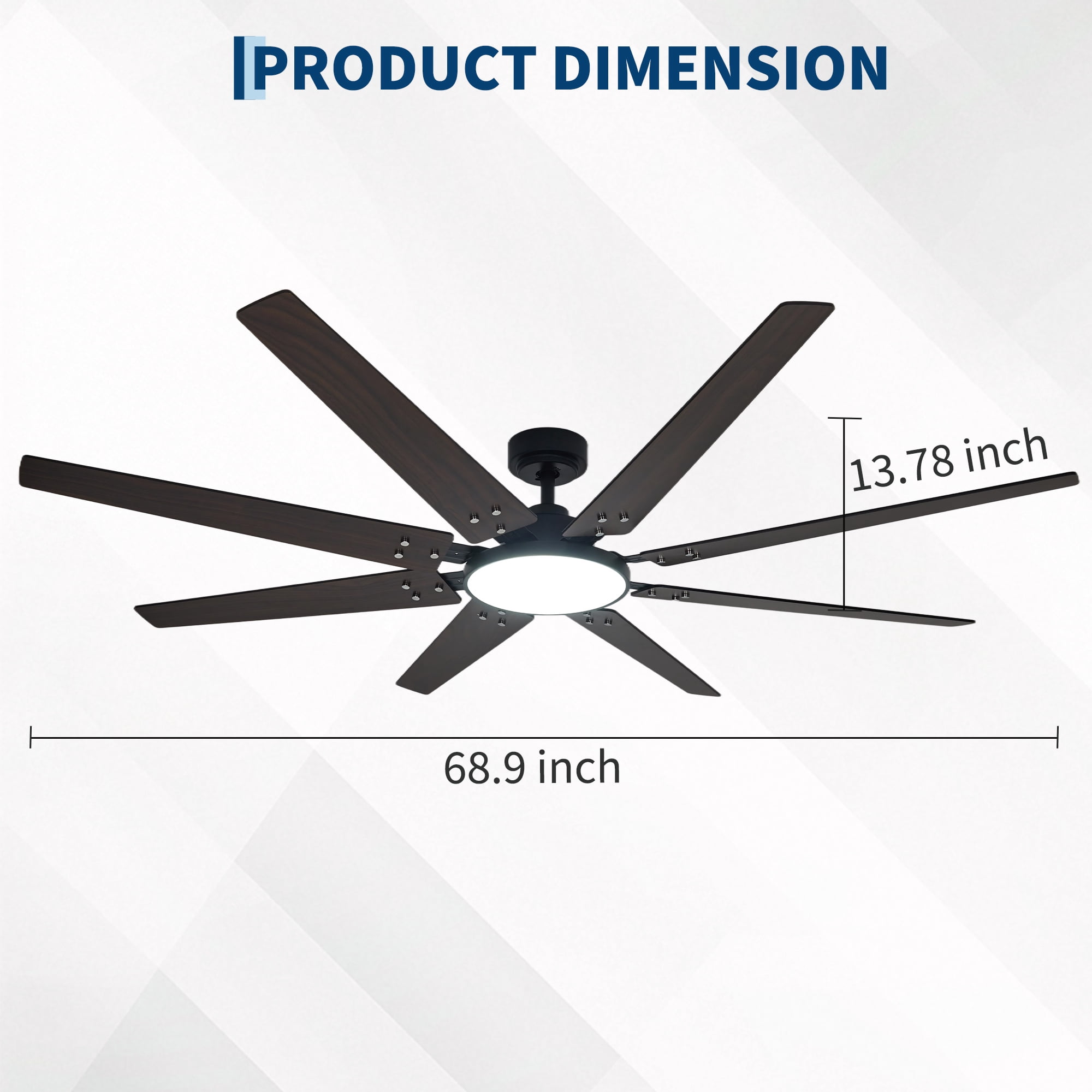 70" Large Industrial Ceiling Fan with Lights and Remote Control, 8-Blade Modern DC Motor Ceiling Fan, Reversible Blades (Black & Walnut), 6 Speeds, Timer, Quiet for Living Room, Shop, Garage
