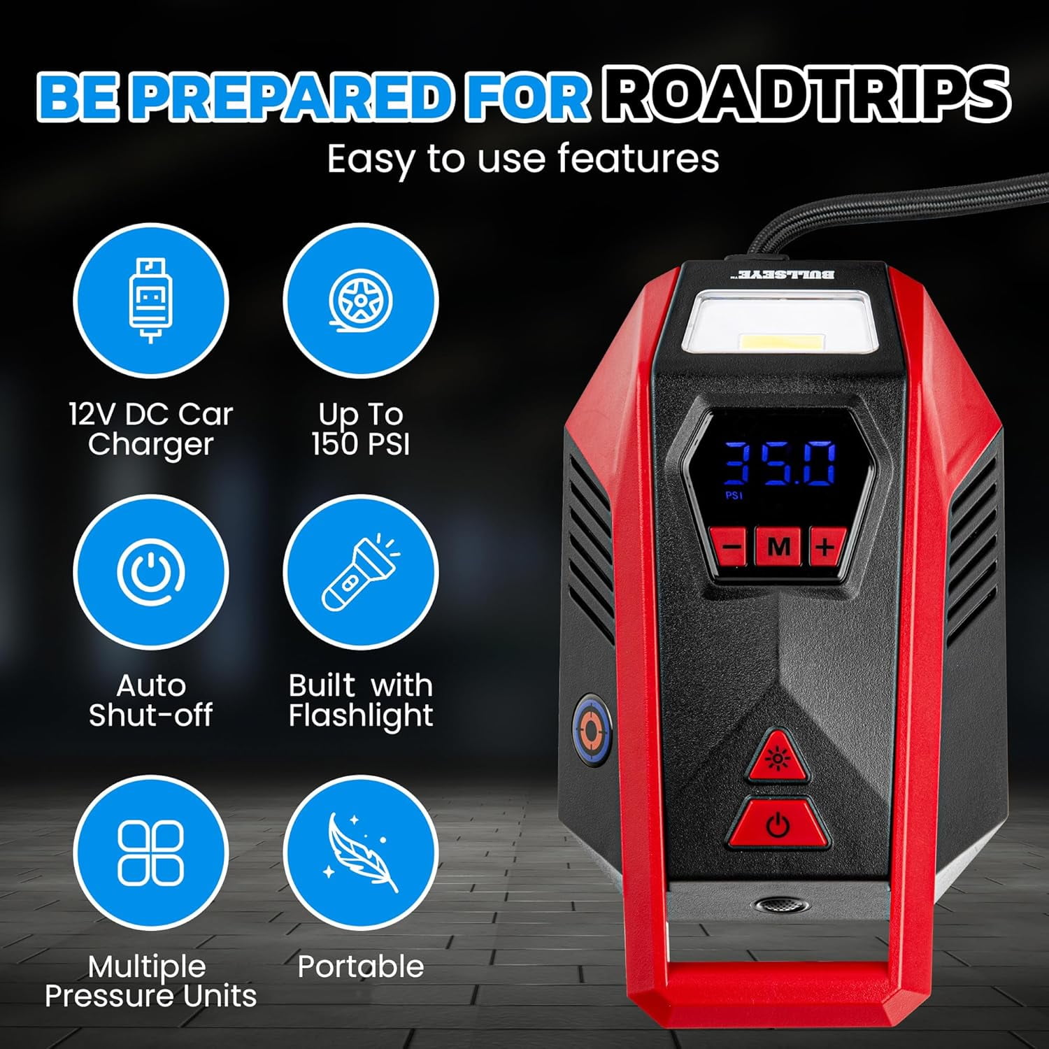 Bullseye Tire Inflator 150 PSI Portable Air Compressor Electric Pump For Car Auto LED Tire Pressure Gauge 12V DC