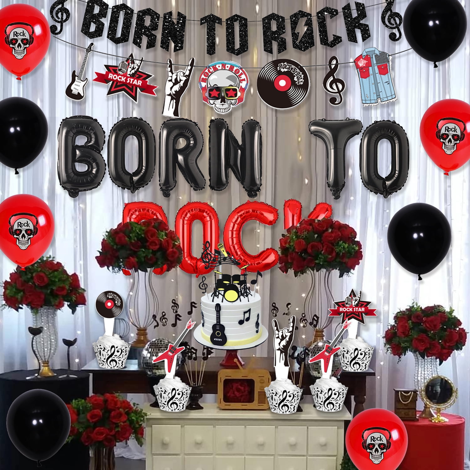  Crenics Rock and Roll Party Decorations - Large Born to Rock  Backdrop Banner, Balloons Arch Kit and Guitar Foil Balloons for Rock Star  Music Theme Birthday Party Supplies : Toys 