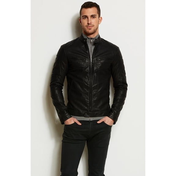 NOORA Men's Black Lambskin Leather Motorcycle Jacket , Retro Style Jacket With Zipper & Zipped Pocket |