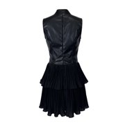Women's Sleeveless Round Neck Mini Dresses Faux Leather Tiered Ruffle Chiffon Skirt Casual Party Clubwear Style Elegant Slim Fit Dresses
