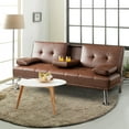 thumbnail image 2 of Costway Convertible Folding Futon Sofa Bed Leather w/Cup Holders&Armrests Brown, 2 of 11