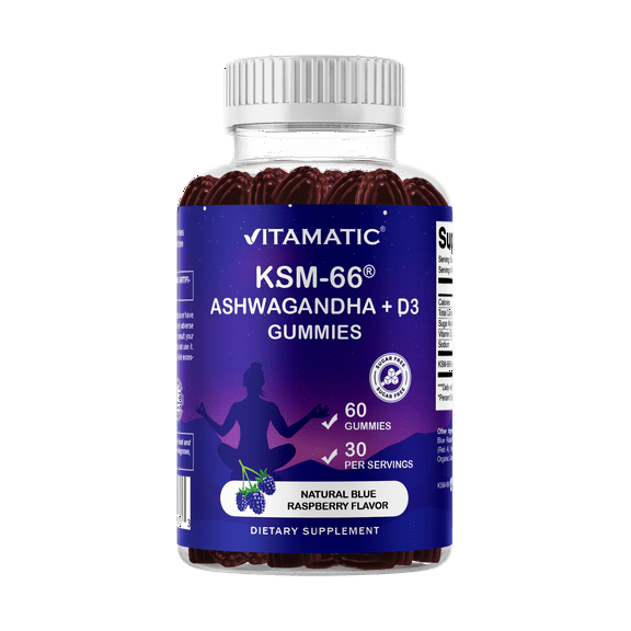 Vitamatic KSM-66® Ashwagandha   D3 Gummies – Natural Blue Raspberry Flavor – Sugar Free, Gluten Free, Non-GMO – 60 Gummies