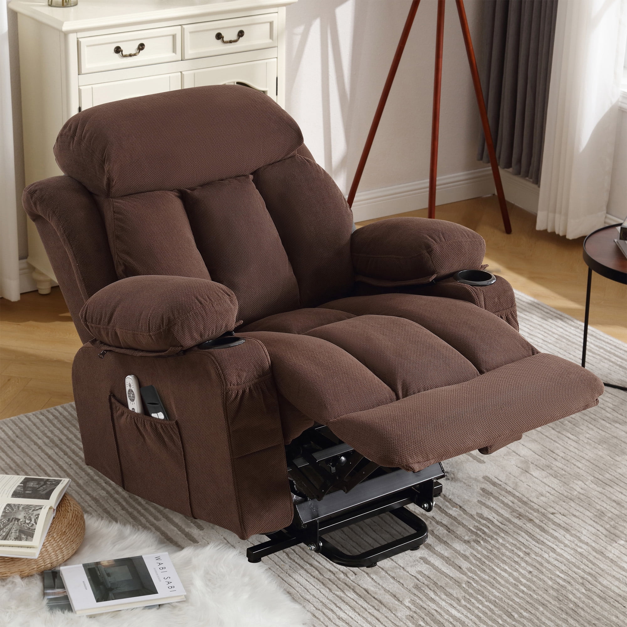 SEGMART Electric Power Lift Recliner Chair, Heavy Duty Classic Fabric Sofa Chair for Elderly, Ergonomic Lounge Single Sofa with Plush Extended Arms and Remote Control, 4 Positions,Brown