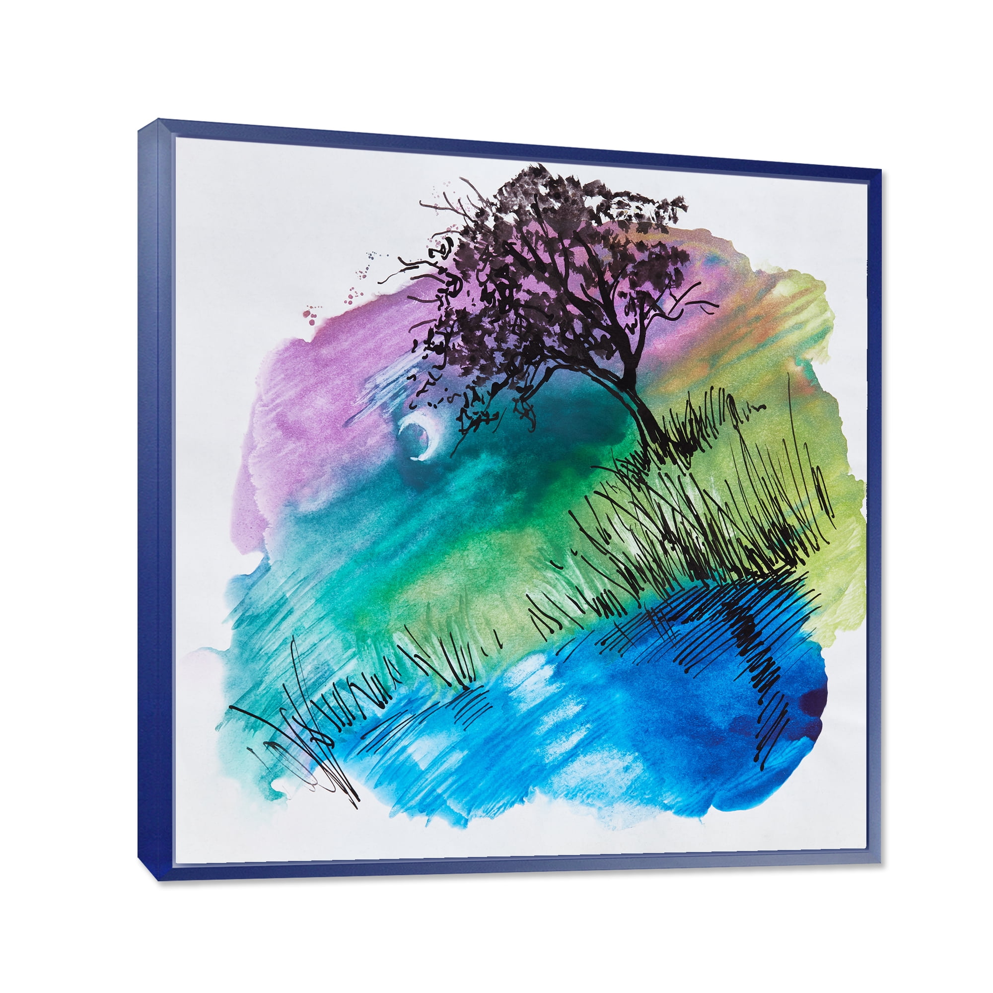 Rainbow Silhouette Of Tree On The Riverbank At Night 16 in x 16 in Framed Painting Canvas Art Print, by Designart