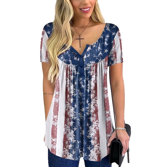 DYMADE Women's Summer Fashion American Flag Print Short Sleeve Casual T-shirt Top