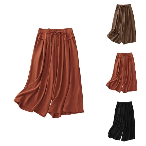 Capri Pants for Women Cotton Linen Lightweight Elastic High Waist Wide Leg Flowy Cropped Pants with Pockets Womens Capris