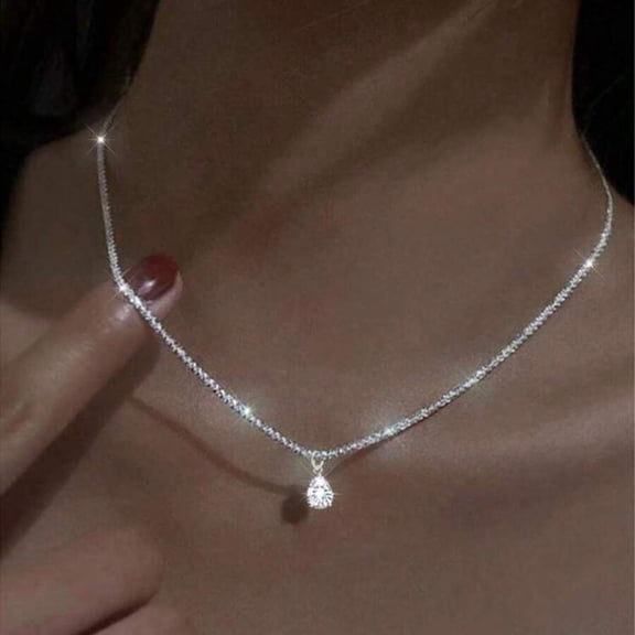 Sparkling Cubic Zirconia Teardrop Pendant Necklace In Silver Tone