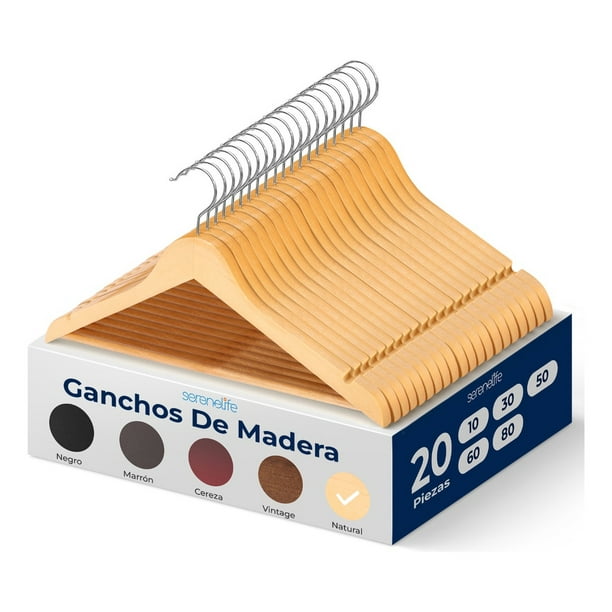 Ganchos de Madera Premium Serenelife, Ahorradores de Espacio, Resistentes, con Gancho Metálico Giratorio de 360°, para Abrigos, Pantalones y Vestidos, Natural, Pack 20