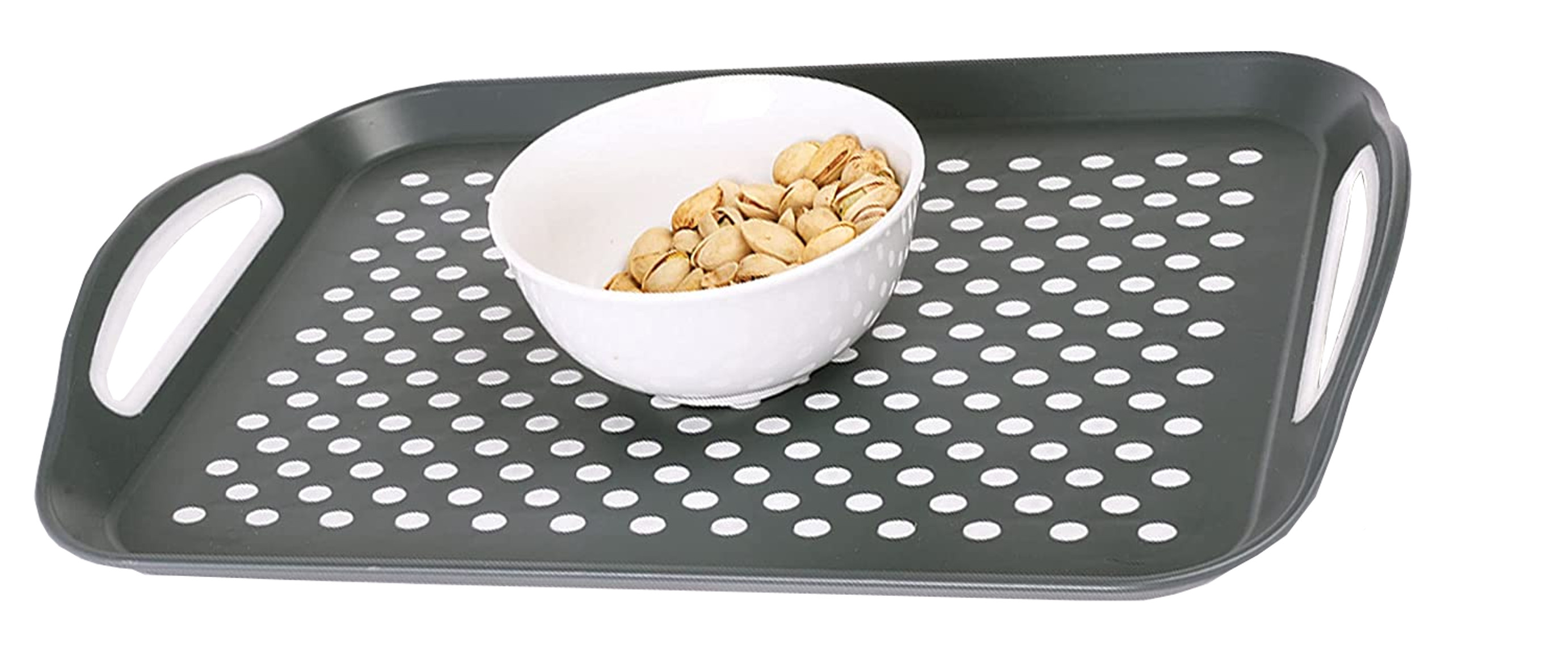 Rectangular Nonslip Serving Tray with Handles Silicone Nubs Non Skid Dinner Tray Gray
