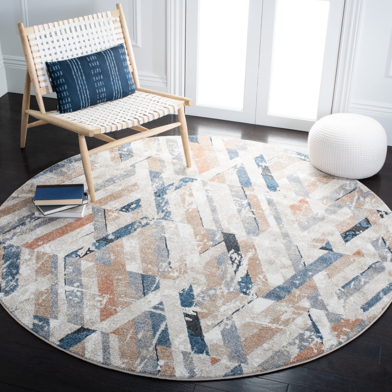 SAFAVIEH Coppertone Amara Geometric Area Rug, Ivory/Navy, 6'7" x 6'7" Round
