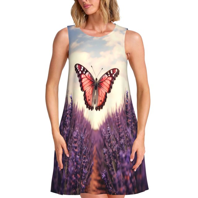 Disketp Butterfly Over Lavender para Vestido sin Mangas para Mujeres, Vestidos de Verano para Mujeres, Casual y Holgado para la Playa