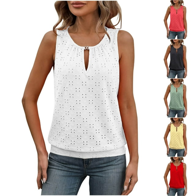 JDQJBZ Women's Plus Size Tank Tops Basic Undershirt Tanks Solid Color Buckle Detail U Neck Sleeveless Casual Tee