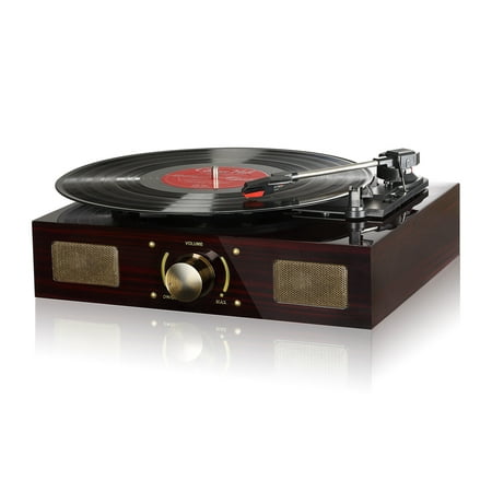 LuguLake Stereo 3-Speed Turntable with Built-In Bluetooth Speakers, Record Player, FM Radio and RCA Output, Vintage Phonograph with Retro Wooden