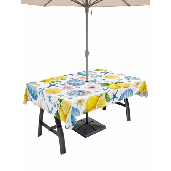 Outdoor Tablecloth with Umbrella Hole for Patio/Picnic/Party/Camping, Coastal Waterproof Table Cloth Rectangle Table Cover Washable, Summer Lemon Flower Shell Starfish Nautical (60"x 102")