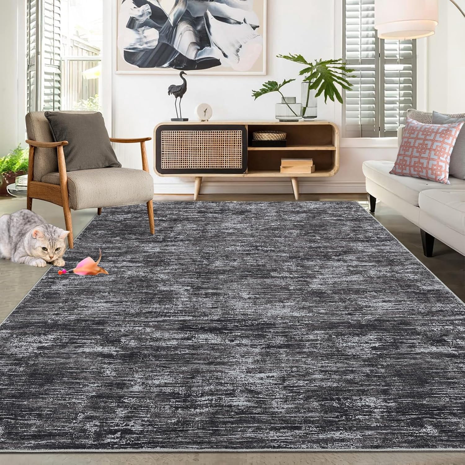 4x6 Modern Abstract Area Rug, Stain Resistant, Non-Slip, Small Contemporary Dining Solid Accent Rug, Dark Grey.