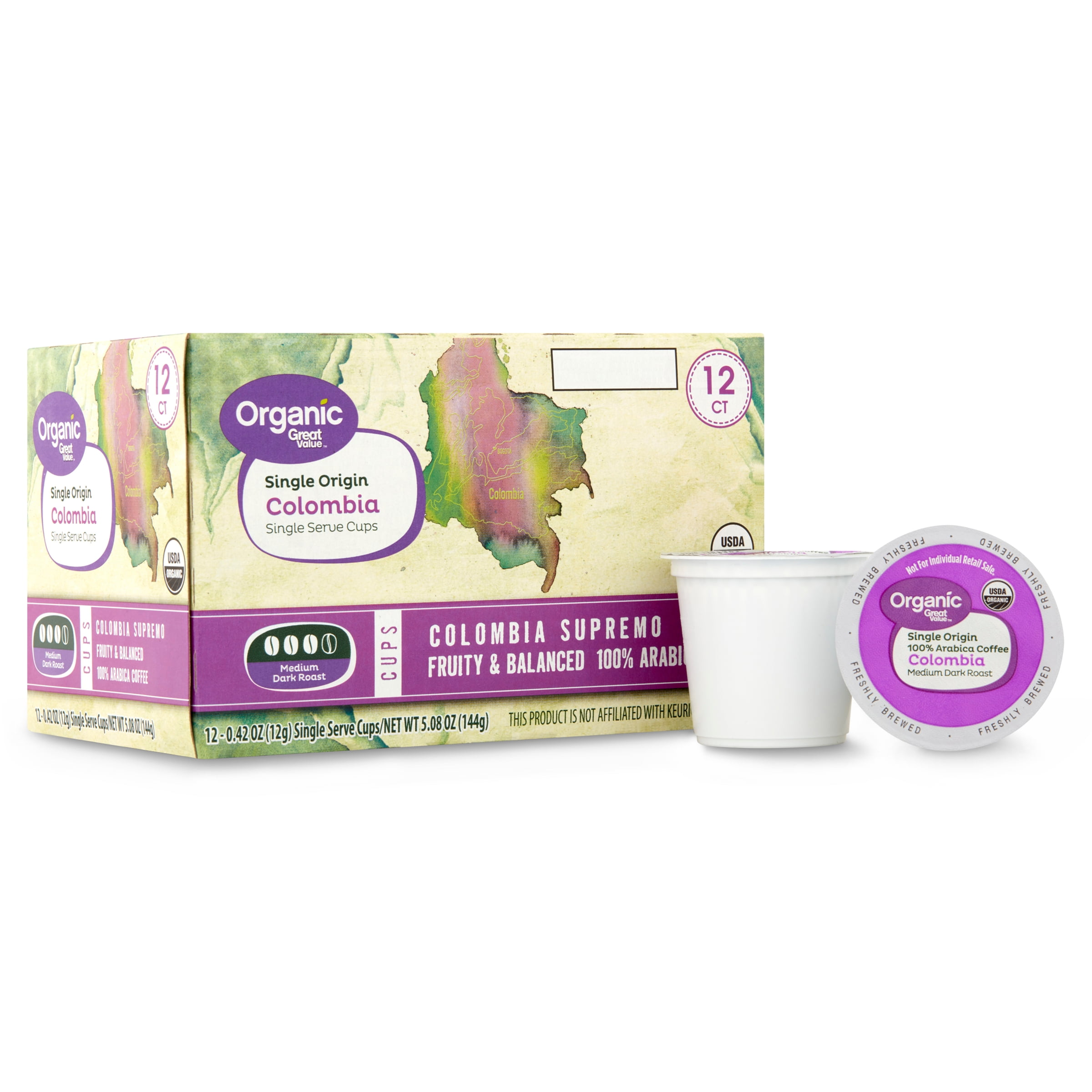 Great Value Organic Single Origin Colombia, Medium Dark Roast, Coffee Pods, 12 Ct