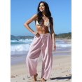 thumbnail image 4 of Women's Wide Leg Striped Pants Casual Loose Drawstring Low Waist Palazzo Harem Pants with Pockets Pink L, 4 of 8
