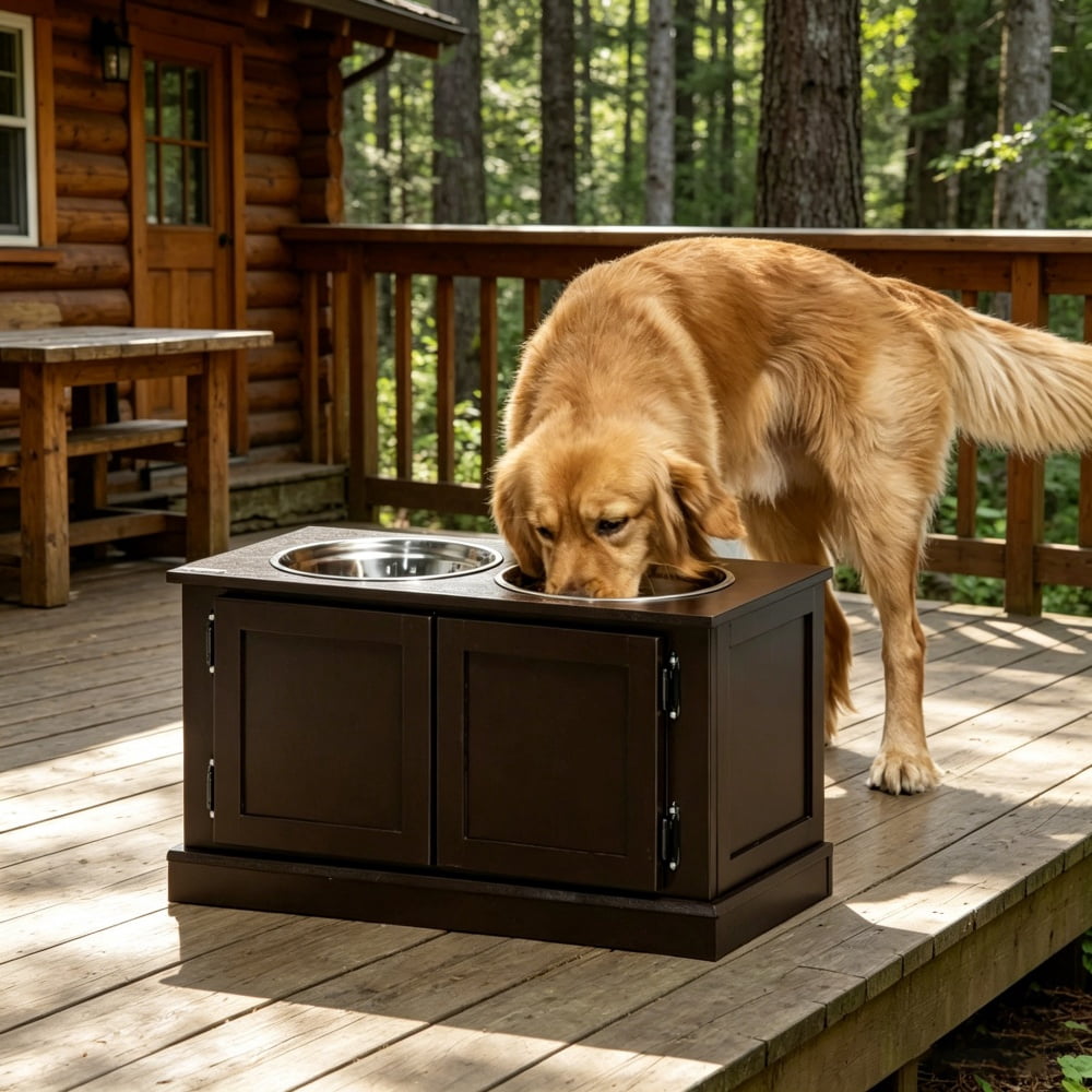 Elevated Dog Bowls with Storage Cabinet, Raised Pet Feeder Station with Removable Stainless Steel Bowls, Coffee MDF Feeding Stand for Large Dogs