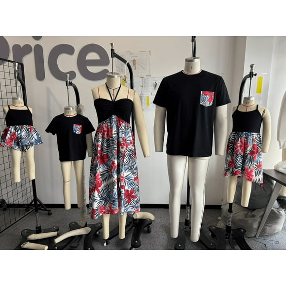 PatPat Family Matching Tropical Red Floral Print Halter Dresses and Black T-Shirts Outfits Set