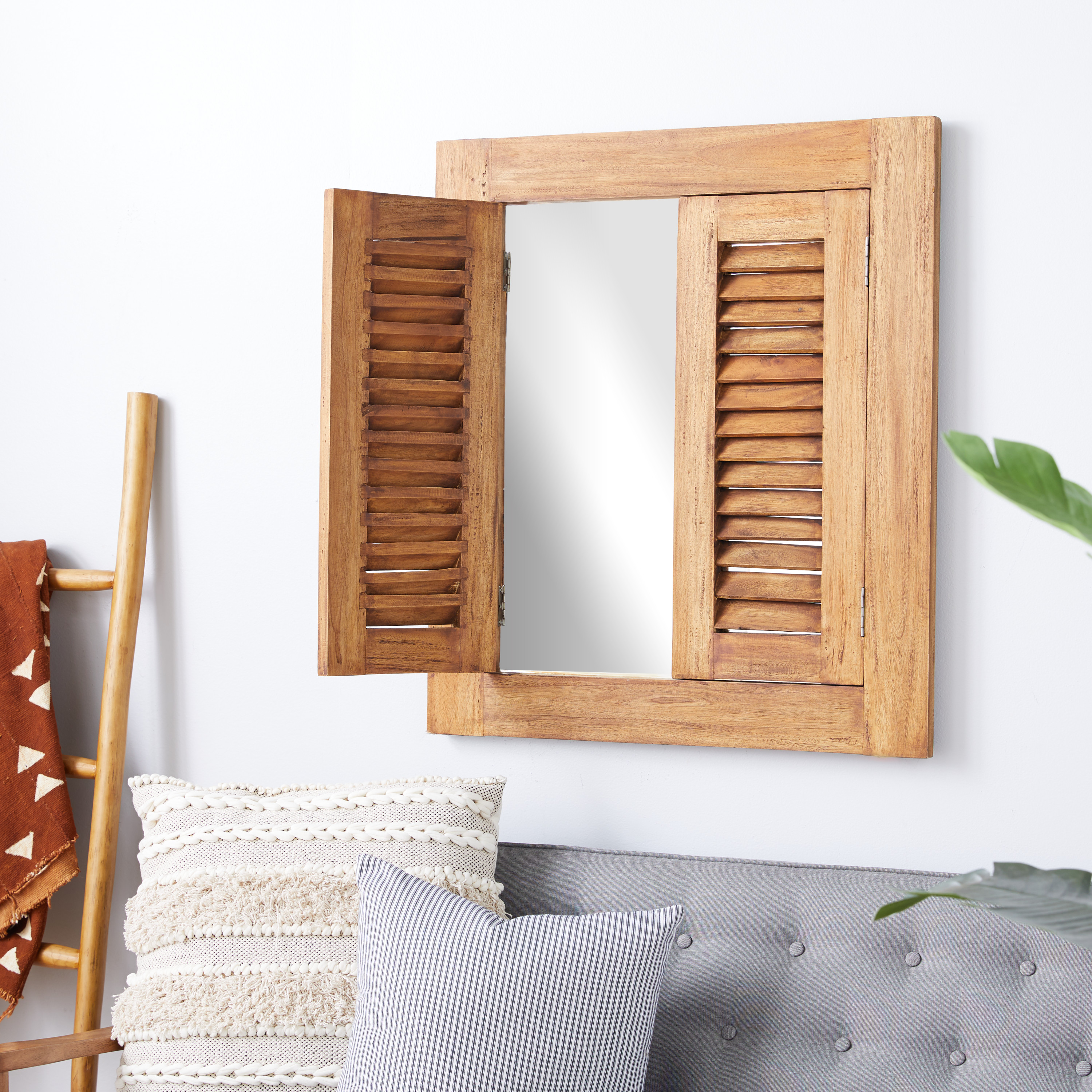 DecMode 31"W, 35"H Rectangle Wall Mirror, Brown
