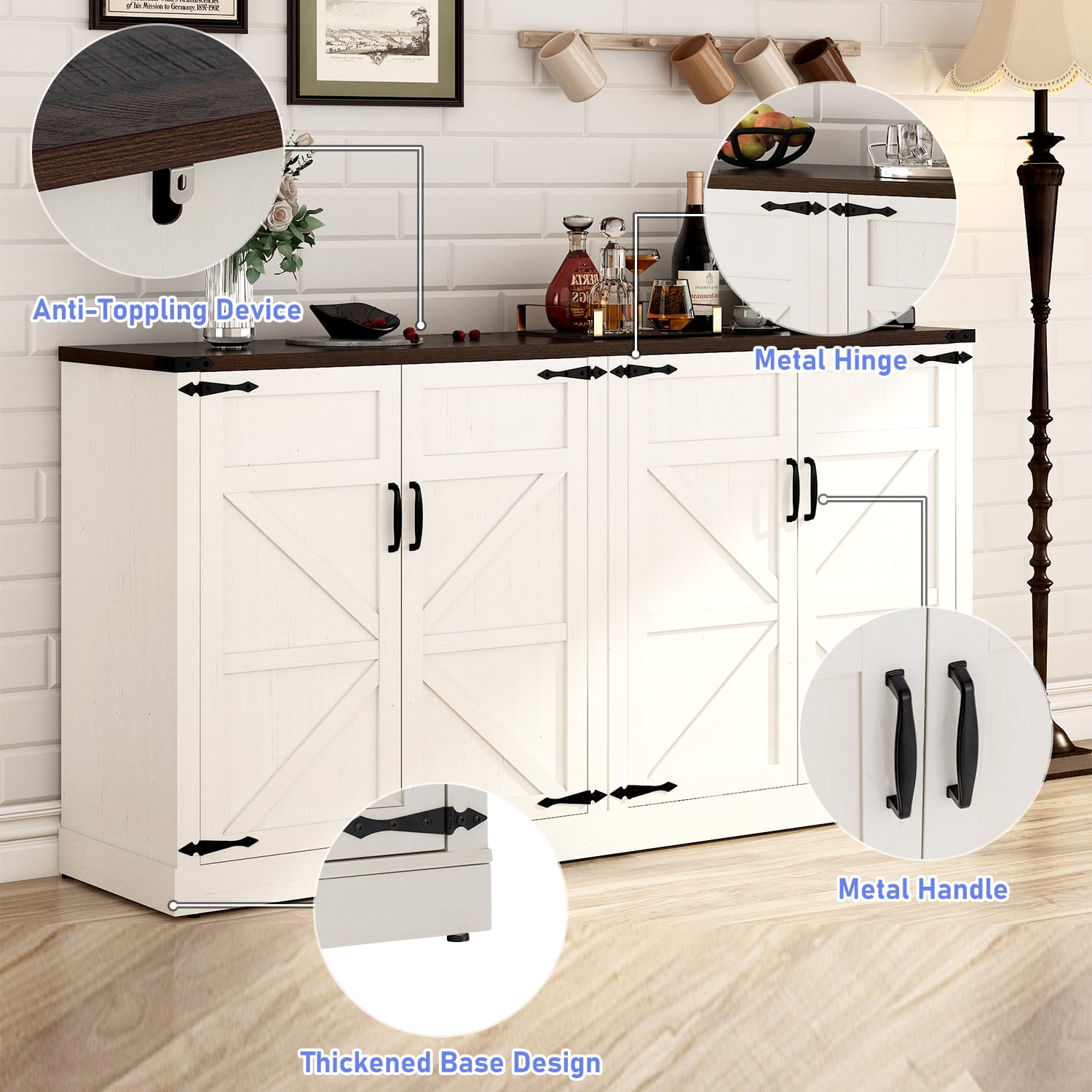 Blotout 65" Kitchen Modern Sideboard Buffet Cabinet Engineered Wood White Brown
