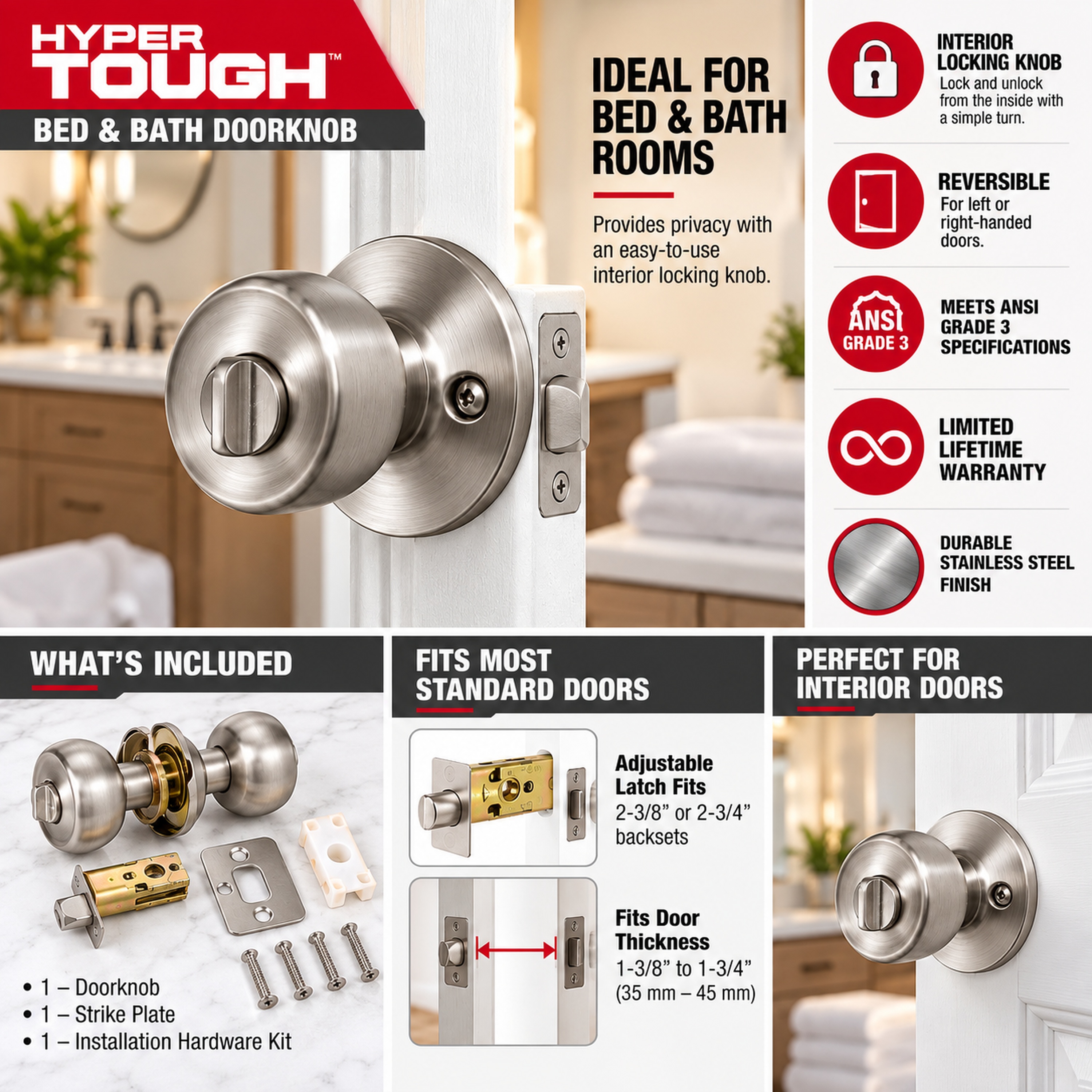 Hyper Tough Tulip Privacy Door Knob, Stainless Steel photo 3