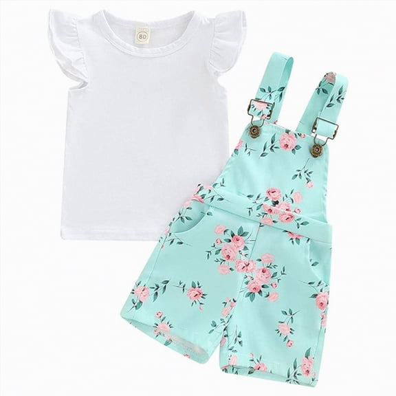 mgoYE 0-3 Months Baby Girl Clothes Newborn Baby Girl Clothes Summer Outfit Short Sleeve Ribbed Romper Floral Suspender Overalls Shorts Set 2PC(White,9-12 Months)