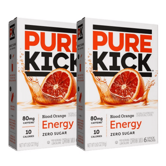 Pure Kick Blood Orange Singles To Go Energy Water Enhancer Drink Mix Zero Sugar Low-Calorie  Beverages 2 Boxes, 6 Stick Pack per Box - 12 Total Servings