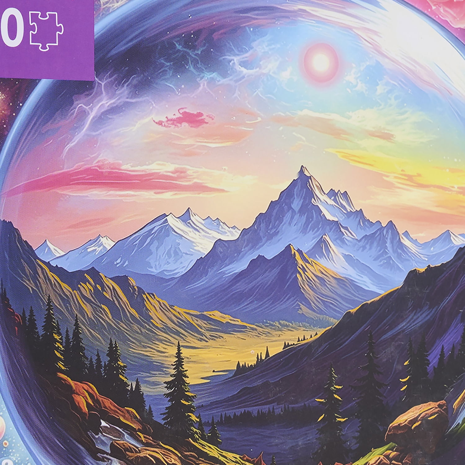 Brea Reese: 500 Piece Puzzle - Surreal Scene - Celestial Orb Framed Mountain Landscape, Adult Jigsaw, Metallic Foil, Snap-Fit, Image Reference Poster