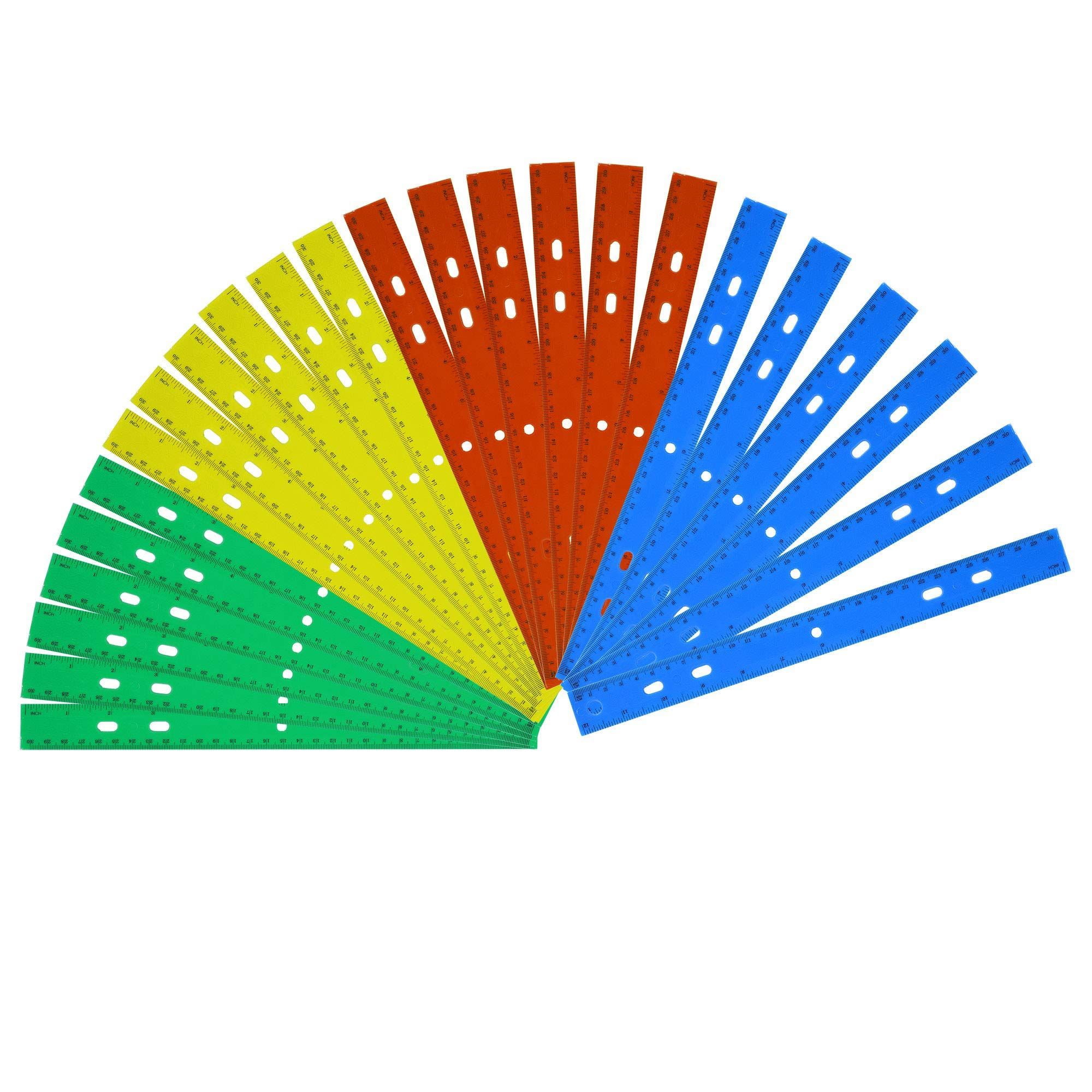 100 Pack of Bulk Wholesale Plastic 12"L Metric Rulers in Red, Yellow, Blue and Green - 100 Count of Plastic 12"L Metric Rulers