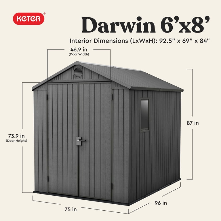 Keter Darwin 6x8 Foot Outdoor Garden Tool Storage Shed, Graphite