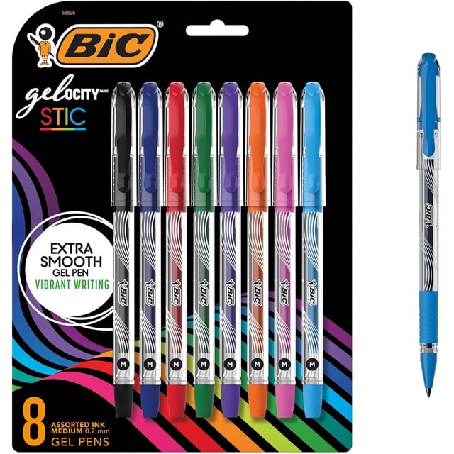 BIC Gel-ocity Smooth Stic Gel Pen, Medium Point (0.7mm), Assorted Colors, 8-Count, Vibrant and Smooth Gel Ink Pens-(Multicolor)